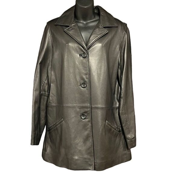 Liz Claibone Black Leather Trench Coat Jacket Women’s Medium - Picture 1 of 12